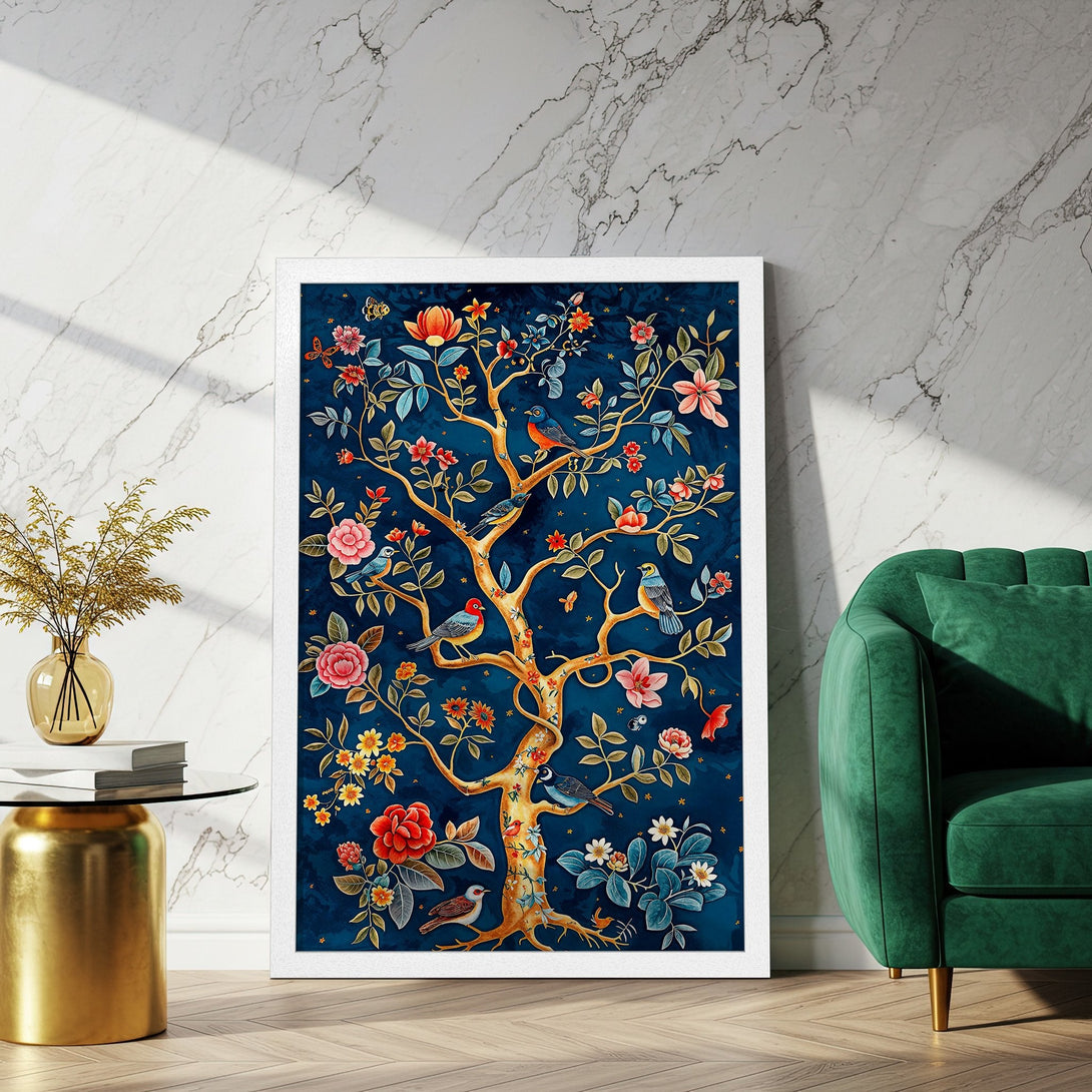 Framed Poster featuring a vibrant floral tree design with birds, in a whimsical style with a blue, gold, and red color palette.