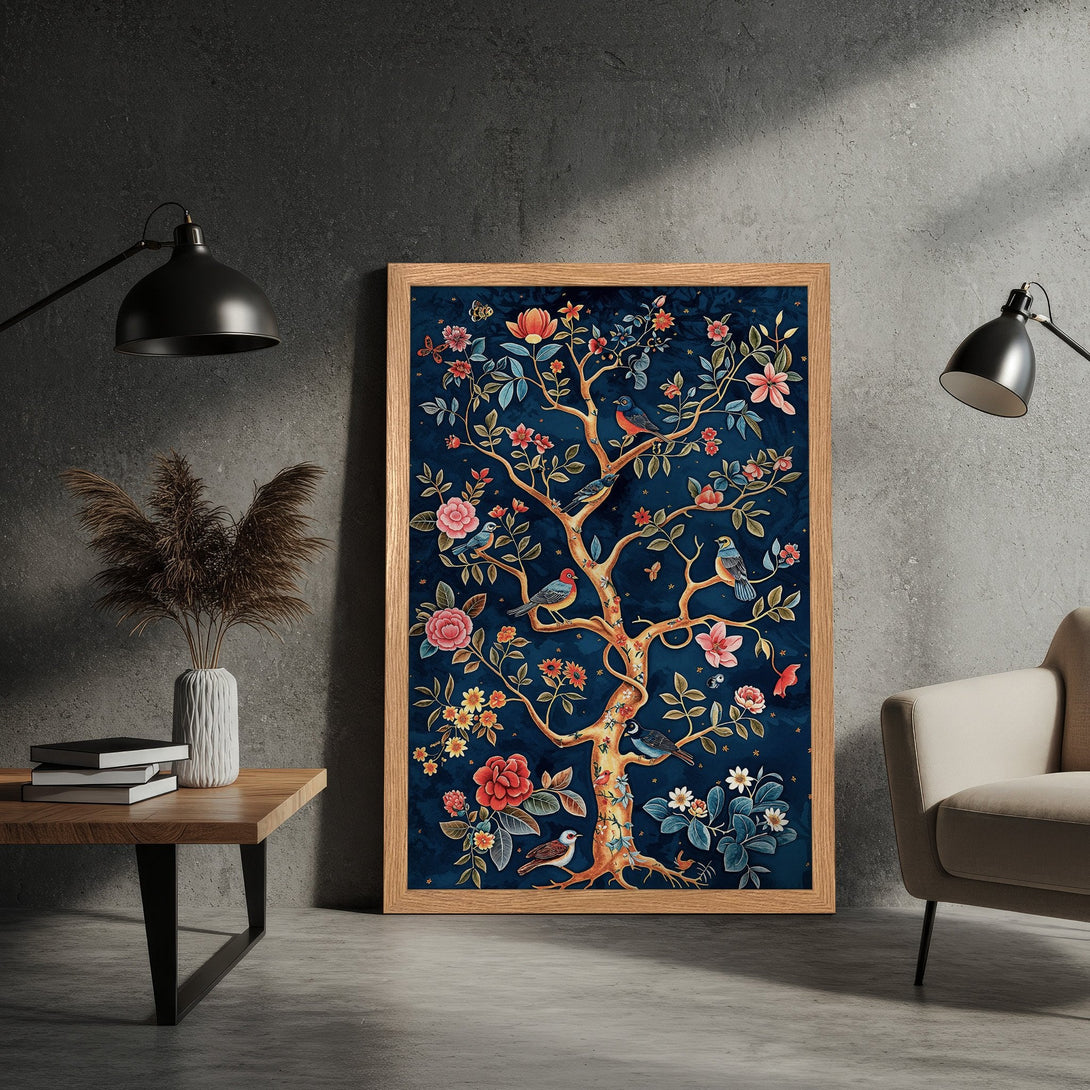 Framed Poster featuring a whimsical tree with birds, in a dark blue and warm color palette. Perfect wall art!