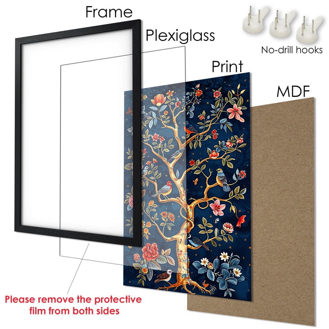 Framed Poster: Floral tree design in navy blue, red, and gold. Elegant wall art for your home.