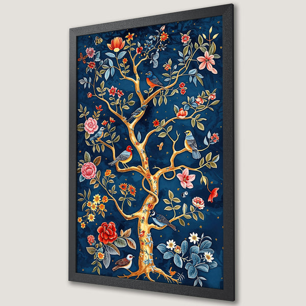 Framed Poster featuring a vibrant floral tree with birds, in a vintage style, with a blue, gold, and red color palette.