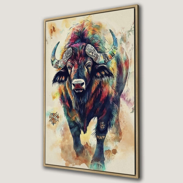 Vibrant Canvas Print of a watercolor buffalo. Colorful animal art with a rainbow palette, perfect for adding a pop of color to any space.
