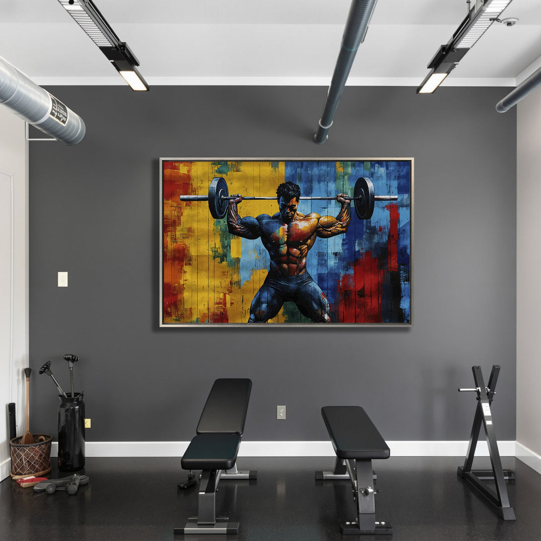 Framed Wall Art: Abstract painting of a bodybuilder lifting weights, vibrant yellow, blue, and red palette. Perfect for gym decor or home fitness spaces.