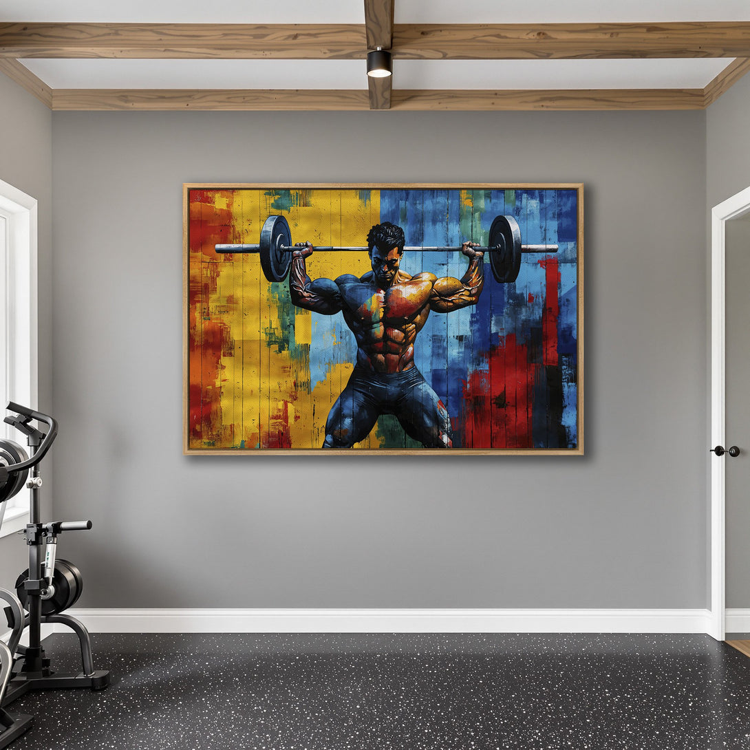 Framed Wall Art: Abstract weightlifter on canvas. Bold, colorful art with a vibrant yellow, blue, and red palette. Perfect for a home gym!