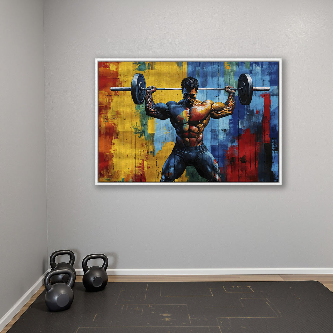 Framed Wall Art: Abstract painting of a weightlifter with a vibrant, colorful palette. Perfect for gym decor or fitness enthusiasts.