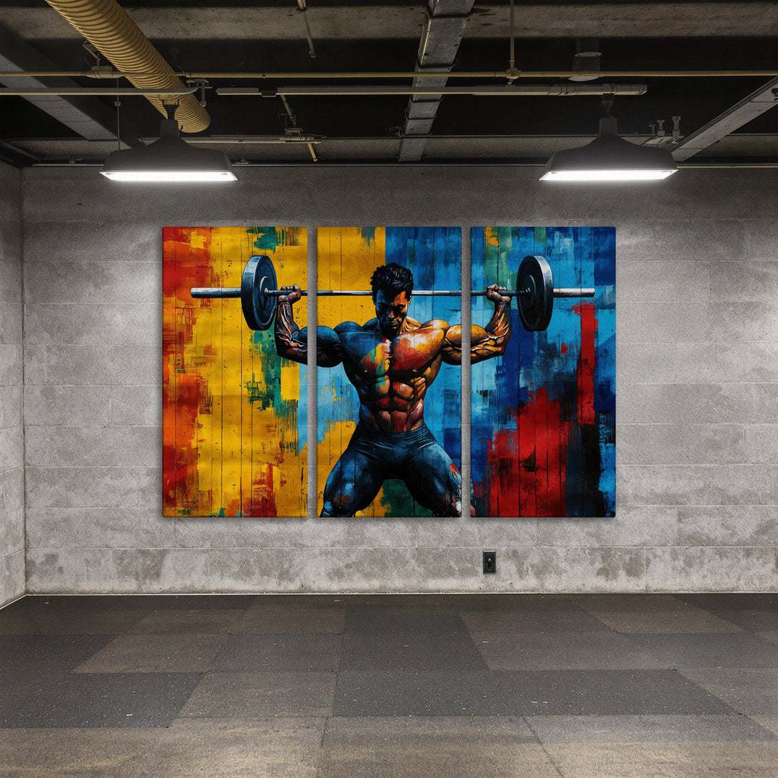 Abstract Canvas Print of a weightlifter in a gym, featuring a vibrant color palette of yellow, blue, and red. Perfect for home decor!