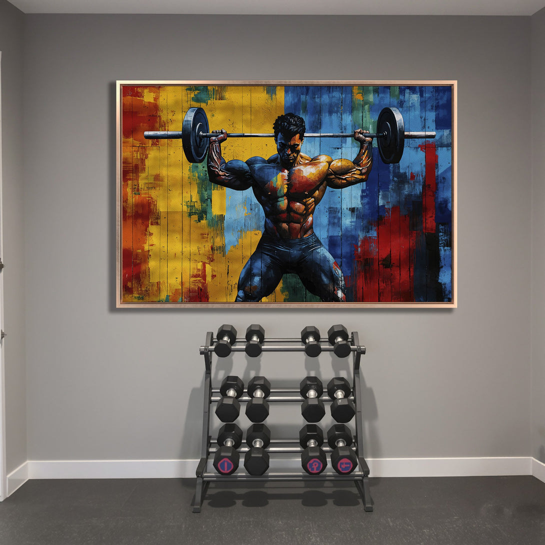 Framed Wall Art: Abstract painting of a bodybuilder lifting weights, vibrant color palette. Perfect for a home gym or fitness space.