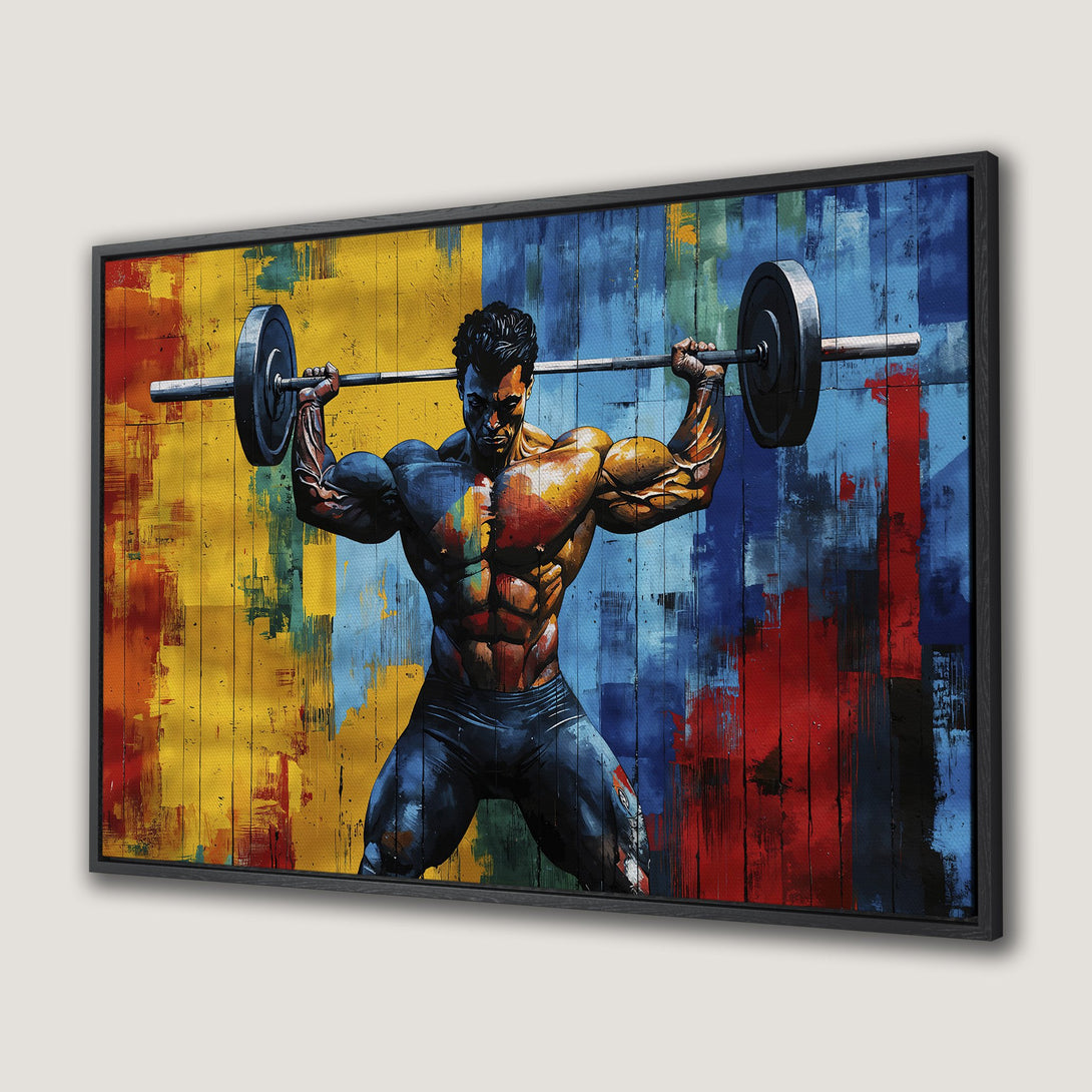 Framed Wall Art: Abstract bodybuilder lifting weights. Bold, colorful artwork with a vibrant palette of yellow, blue, and red. Perfect for gym decor!
