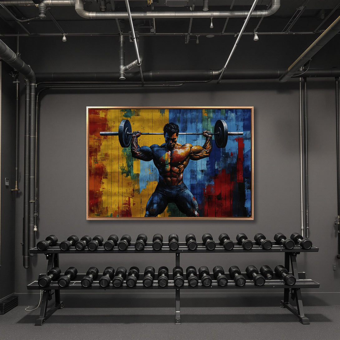 Framed Wall Art featuring a muscular weightlifter in a colorful, abstract style. Bold yellows, blues, and reds pop in this statement piece for your home gym.