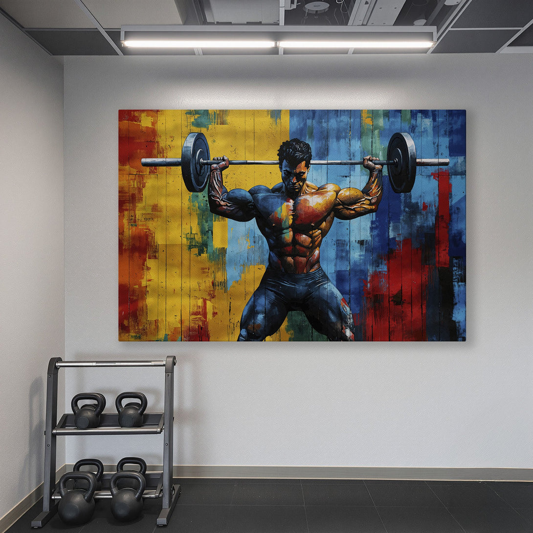Framed Wall Art: Abstract weightlifter canvas print with vibrant blues, yellows, and reds. Perfect for a home gym or fitness space!