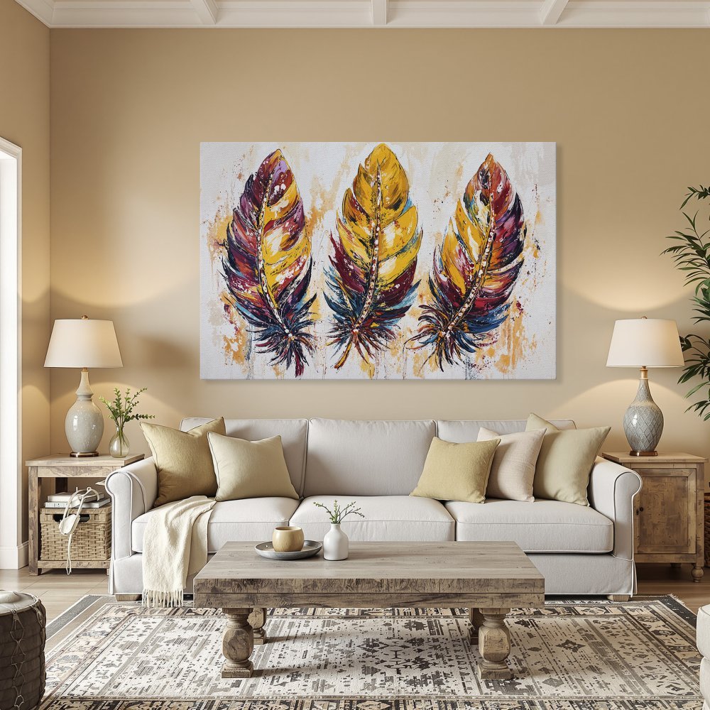 Framed Wall Art: Abstract feather painting in warm, vibrant colors. Add a pop of color with this stunning canvas print!