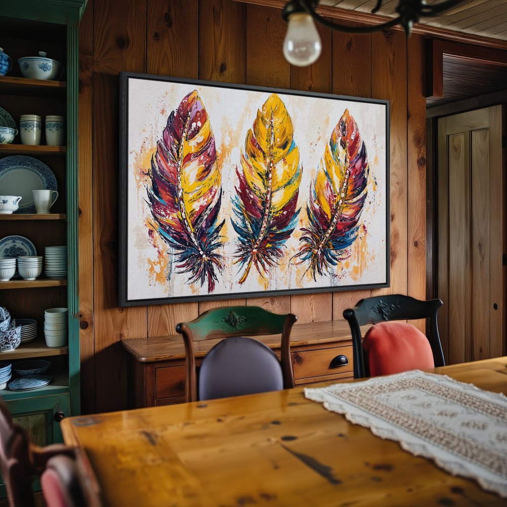 Framed Wall Art: Colorful feather painting in a rustic interior. Vibrant yellows, reds, and blues. Add artful flair to your home!