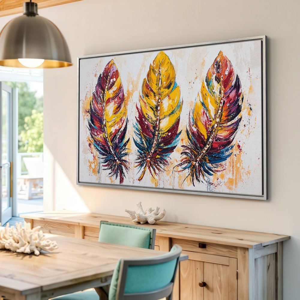 Framed Wall Art: Colorful feather painting in vibrant yellow, red, and blue. Modern abstract style Canvas Print adds a pop of color to any room.