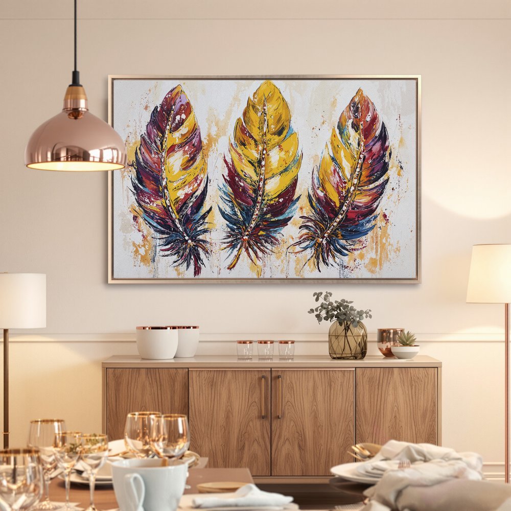 Framed Wall Art: Abstract feather painting in vibrant yellow, red, and blue hues. Perfect for adding a pop of color to your home decor.