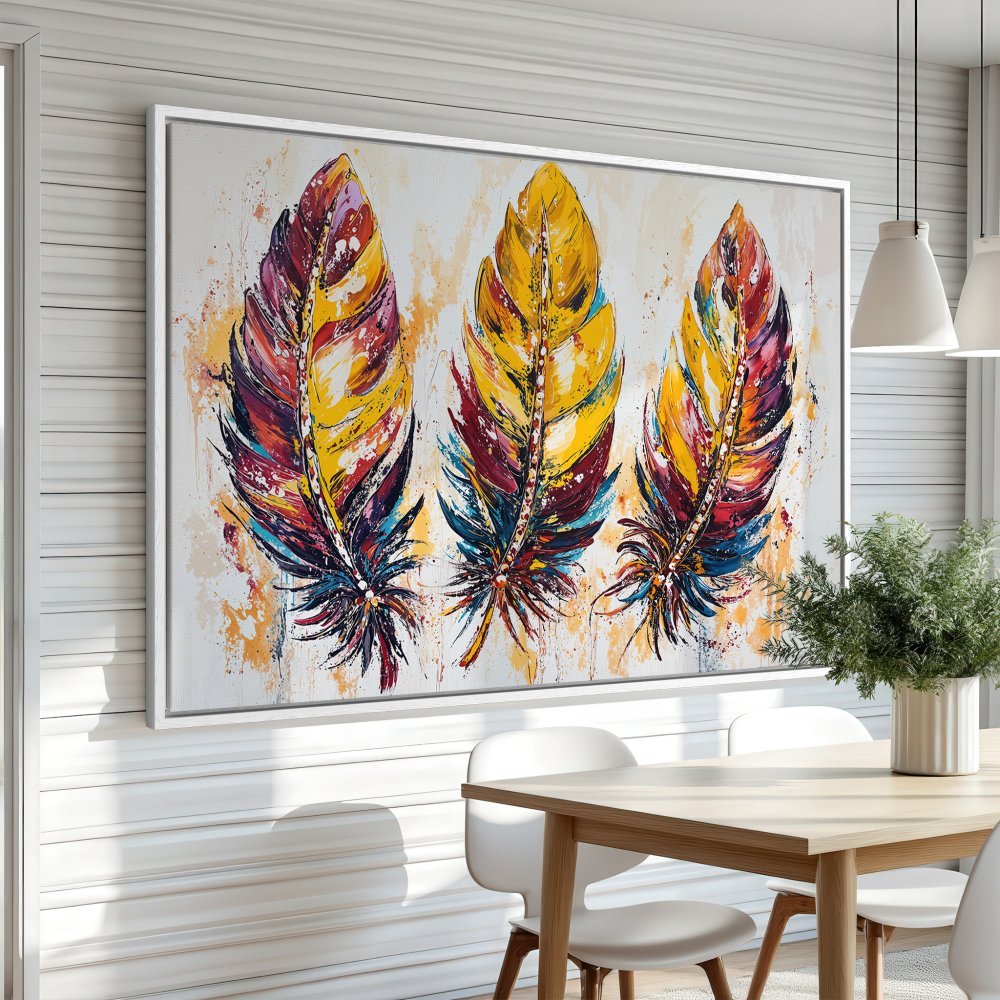 Framed Wall Art: Colorful feather painting in vibrant yellow, red, and blue hues. Modern abstract style canvas print for home decor.