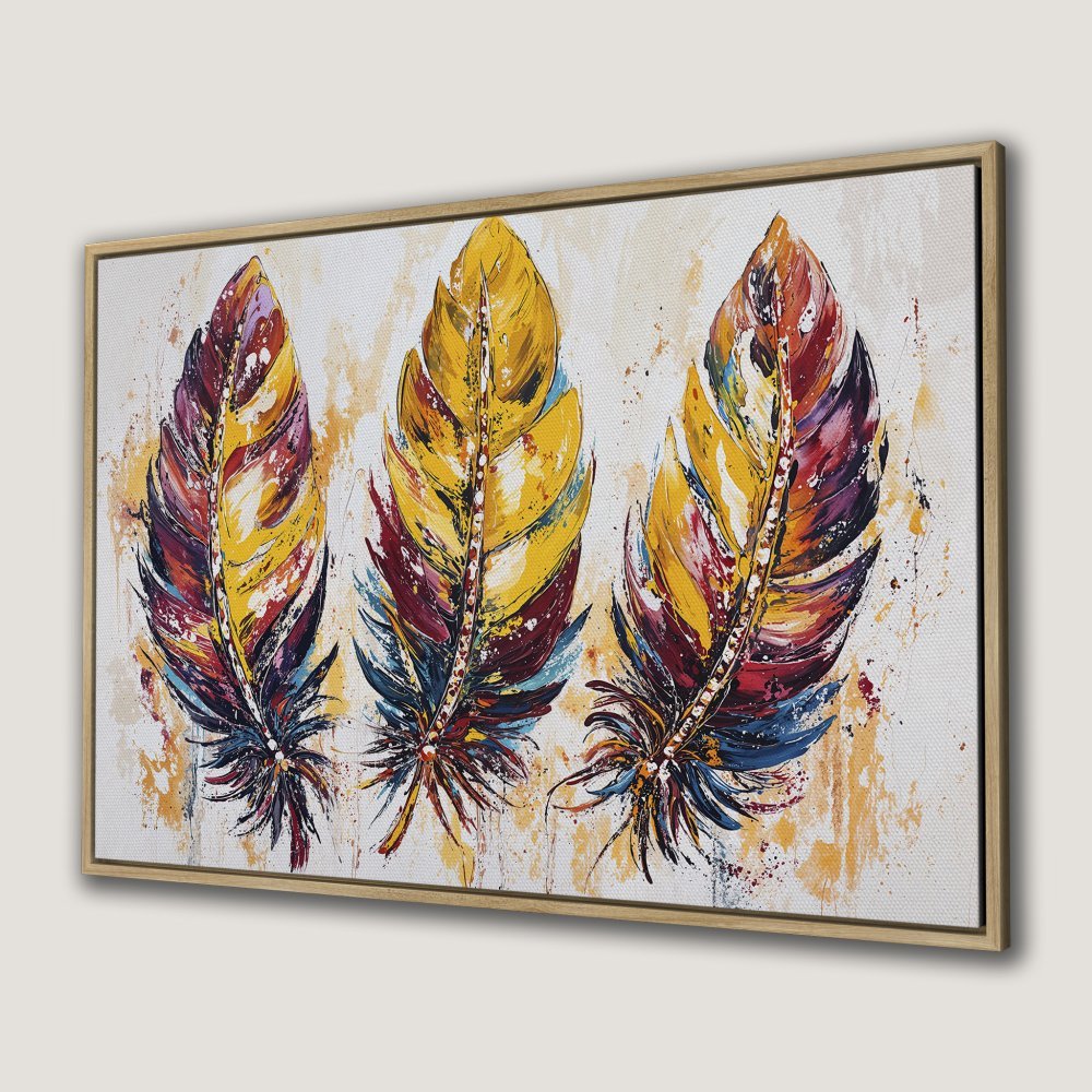 Canvas Print featuring vibrant abstract feathers in yellow, red, and blue. Modern wall art for your home decor.