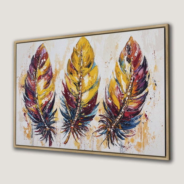 Canvas Print featuring vibrant abstract feathers in yellow, red, and blue. Modern wall art for your home decor.