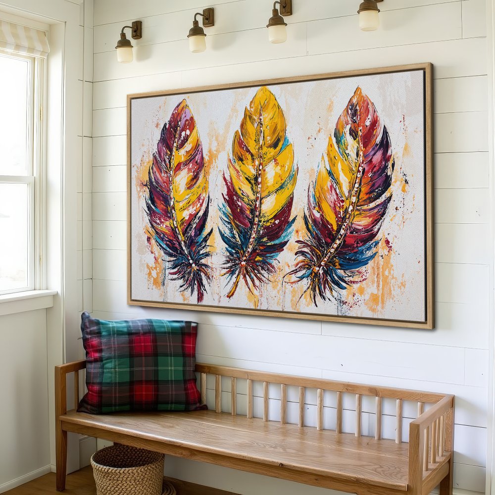 Framed Wall Art: Colorful feather painting in a modern style, featuring vibrant yellows, reds, and blues. Perfect for adding a pop of color to your home!