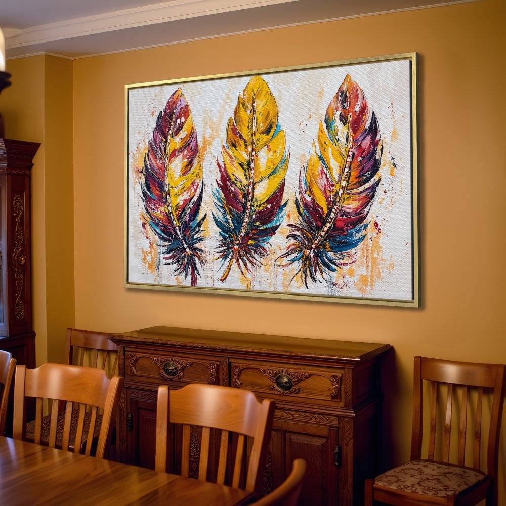 Vibrant Canvas Print featuring three colorful feather paintings. Modern abstract art in warm yellow, red, and blue hues. Perfect wall decor for any room!