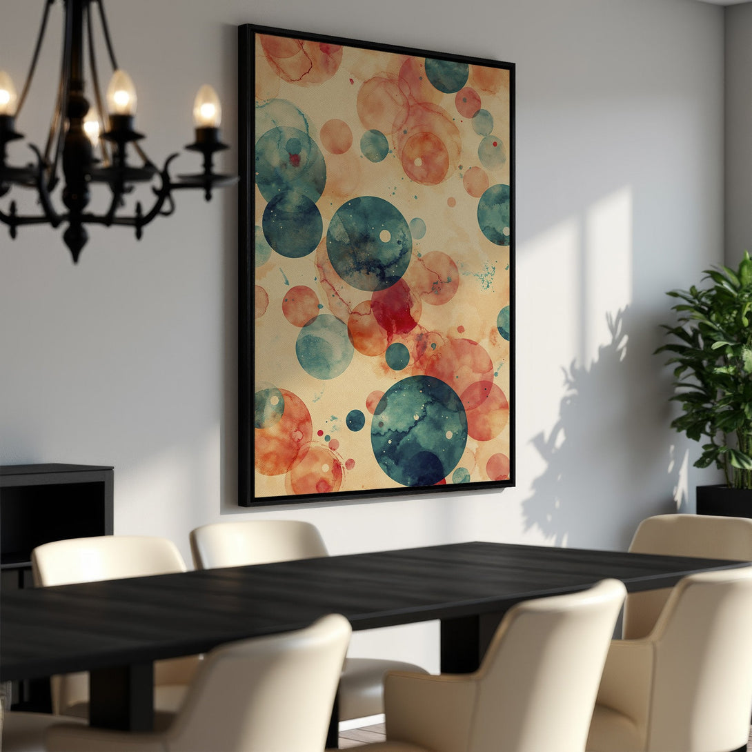 Framed Wall Art featuring abstract watercolor circles in teal, coral, and beige. Modern art for dining room decor.