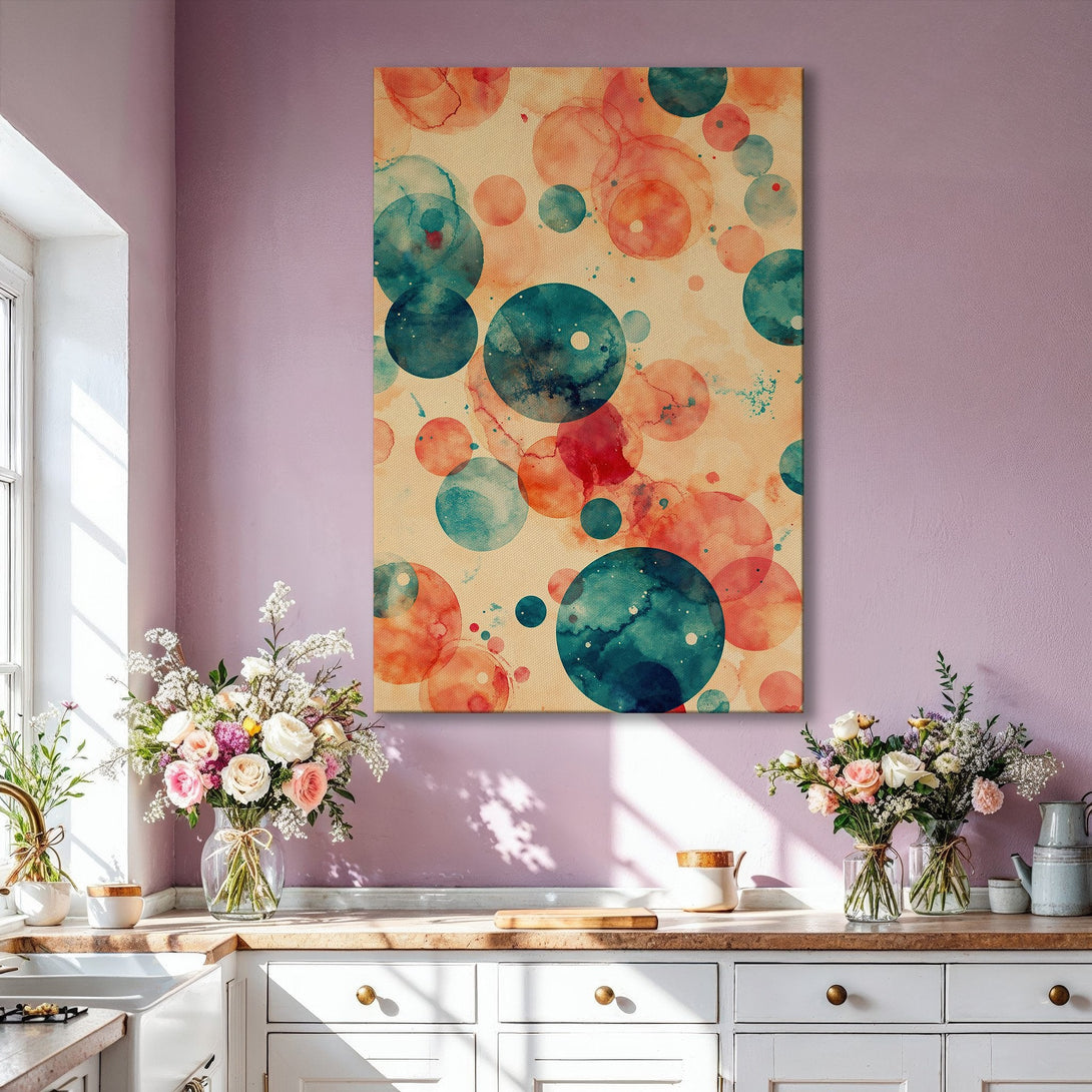 Framed Wall Art featuring an abstract watercolor bubble design in teal, coral, and beige. Modern art perfect for living room decor.
