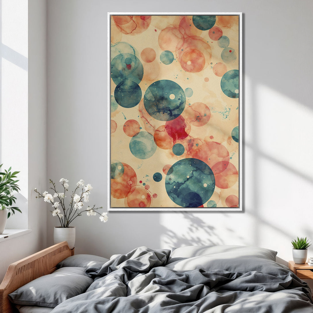 Framed Wall Art featuring abstract watercolor circles in teal, coral, and beige. Modern art for bedroom decor.