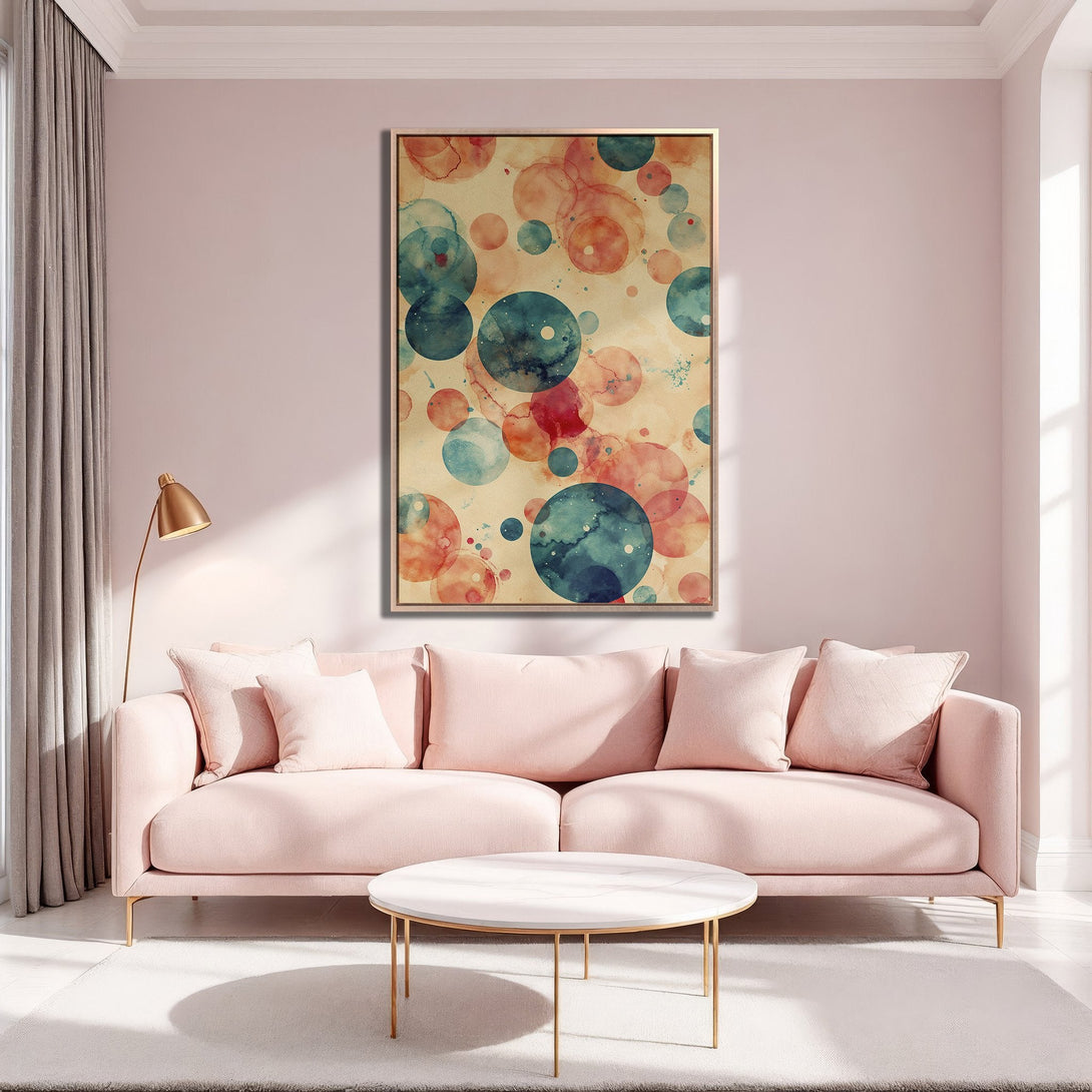 Framed Wall Art featuring abstract watercolor bubbles in blue, pink, and coral. Adds a pop of color to any living room. Shop our Canvas Print collection!