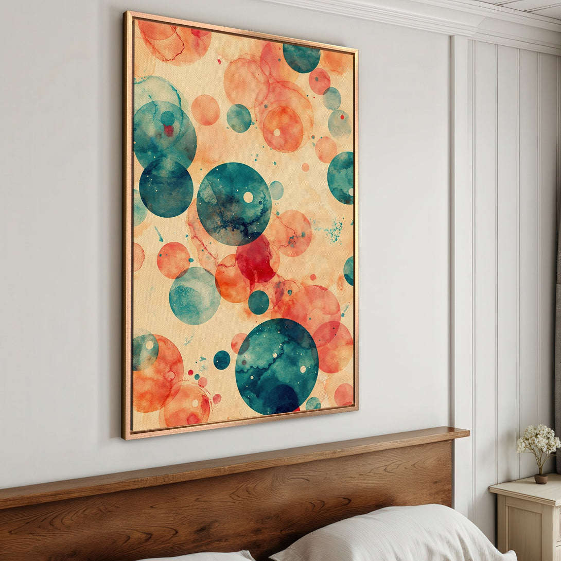 Framed Wall Art featuring abstract watercolor circles in teal, orange, and red. Perfect for adding a pop of color to your bedroom decor!