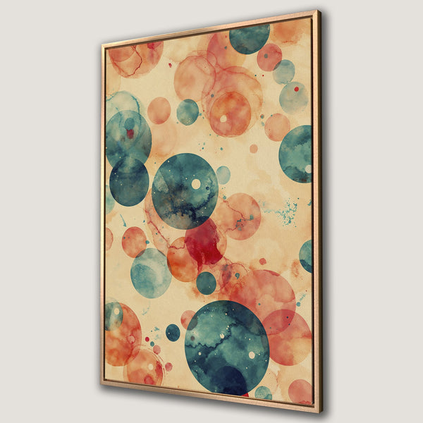 Framed Wall Art featuring watercolor bubbles in teal, coral, and red hues. Abstract art canvas print perfect for modern home decor.