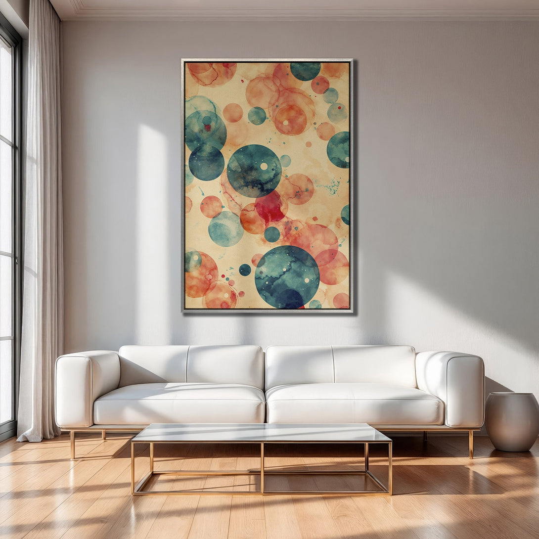 Abstract Canvas Print with watercolor circles in teal, coral, and beige. Modern wall art for living room decor.