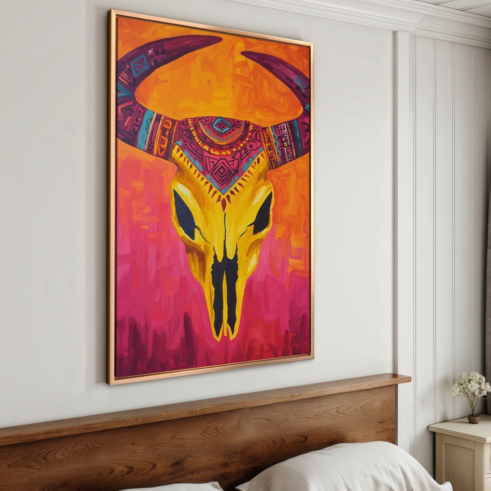 Framed Wall Art: Bold, colorful canvas print featuring a stylized bull skull with vibrant pink, orange, and yellow hues. Perfect for boho decor!
