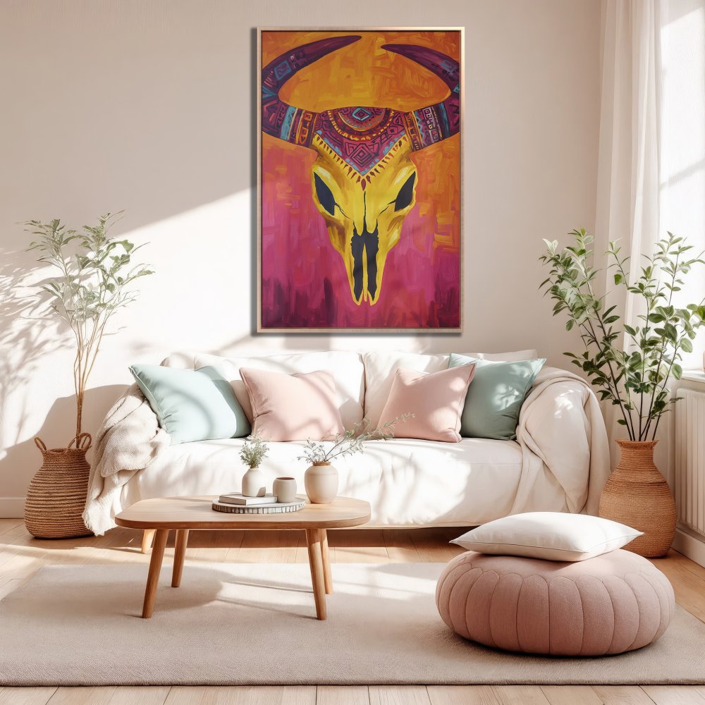 Framed Wall Art: Bold yellow bull skull painting with vibrant pink and orange background. Adds a pop of color & bohemian style to any room.