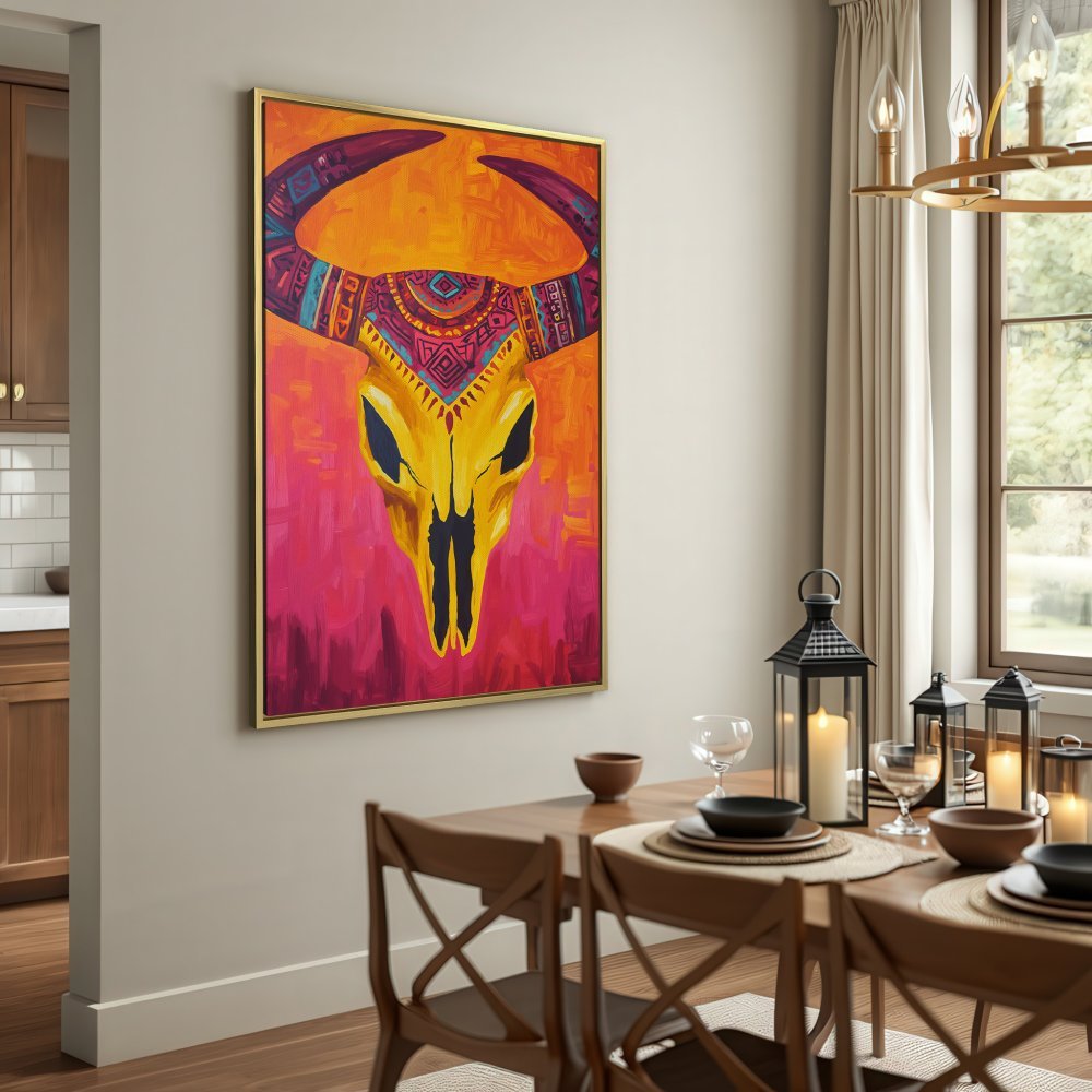 Canvas Print of a vibrant bull skull painting in warm orange and pink tones, perfect for boho decor.
