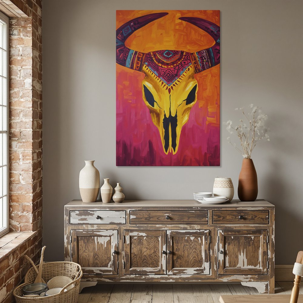 Framed Wall Art featuring a vibrant, abstract bull skull in a warm, colorful palette of orange, pink, and yellow. Perfect for modern home decor.