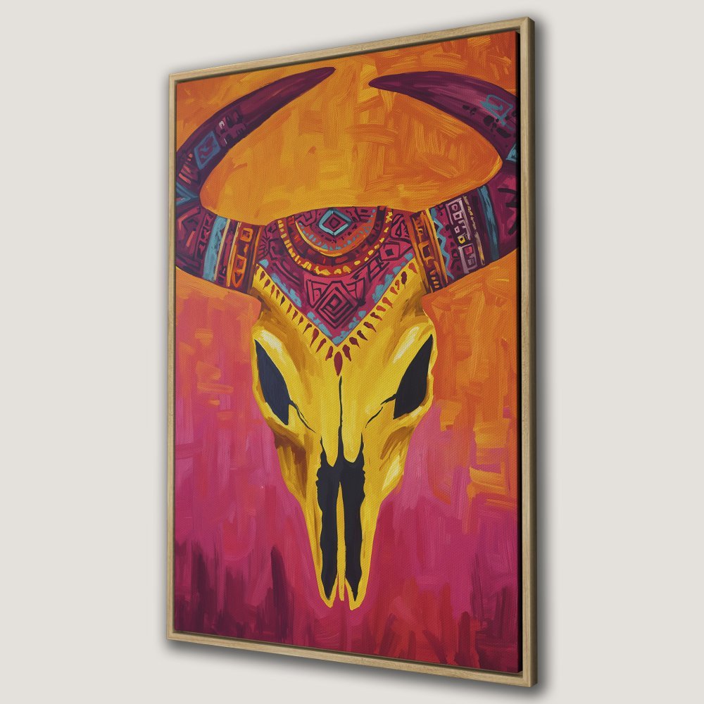 Framed Wall Art: Bold, colorful canvas print of a stylized bull skull. Warm orange, pink, and yellow palette. Perfect for adding a pop of art to your space.