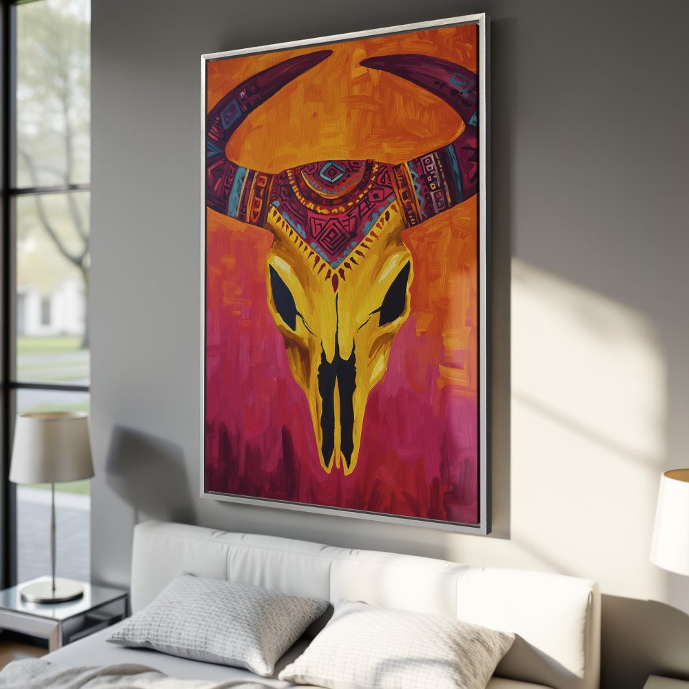 Framed Wall Art: Bold bull skull painting in vibrant orange, pink, and yellow hues. Add a touch of bohemian style to your space!