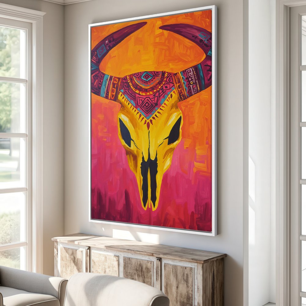 Framed Wall Art: Bold, colorful canvas print of a stylized bull skull. Vibrant orange, pink, and yellow palette. Perfect statement piece for your home!