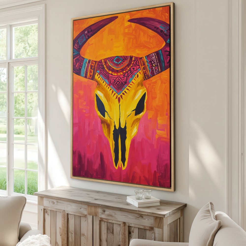 Framed Wall Art: Vibrant bull skull canvas print in a modern, boho style. Features a warm, colorful palette of yellow, pink, and orange. Perfect for any space!