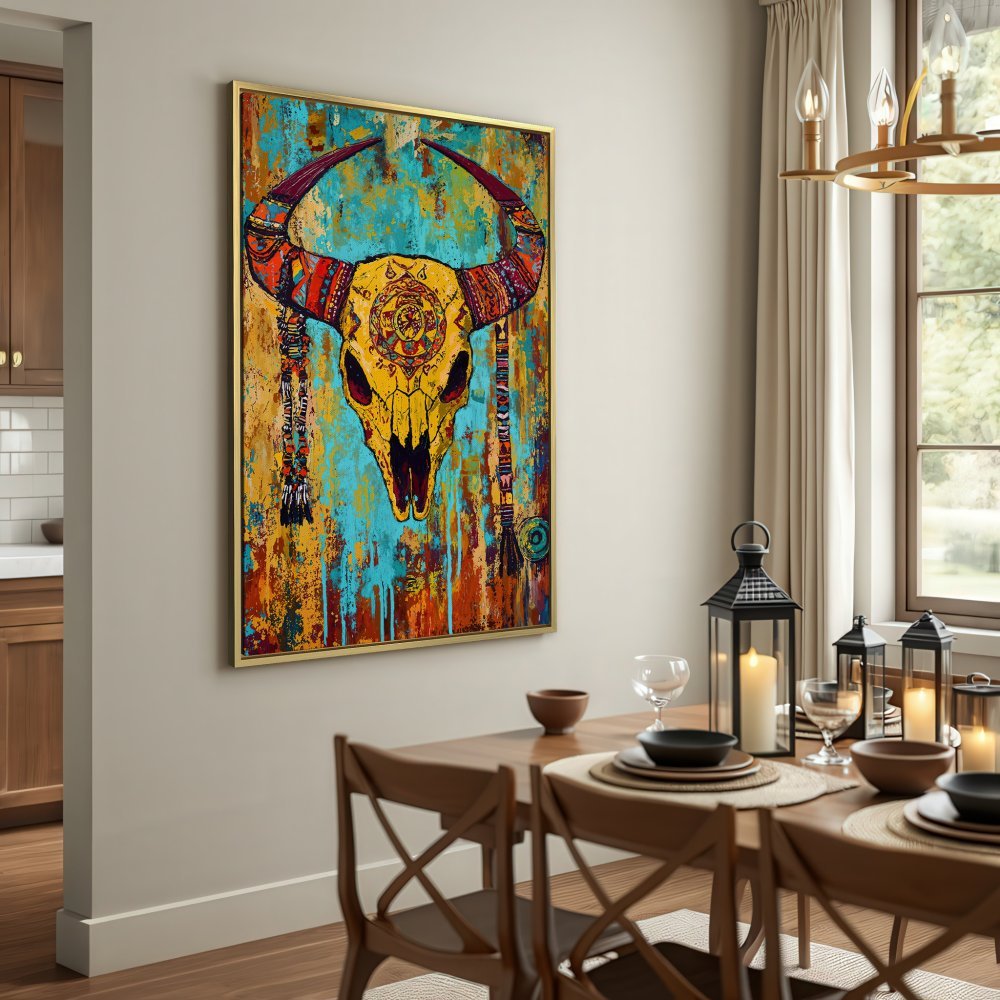 Boho Canvas Print: Colorful bull skull art with turquoise, yellow, and red hues. Elevate your home decor with this unique wall art.