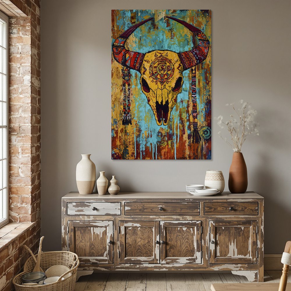 Framed Wall Art: Boho-style bull skull canvas print with vibrant turquoise, yellow, and orange color palette. Perfect for adding a unique touch to your dining room!