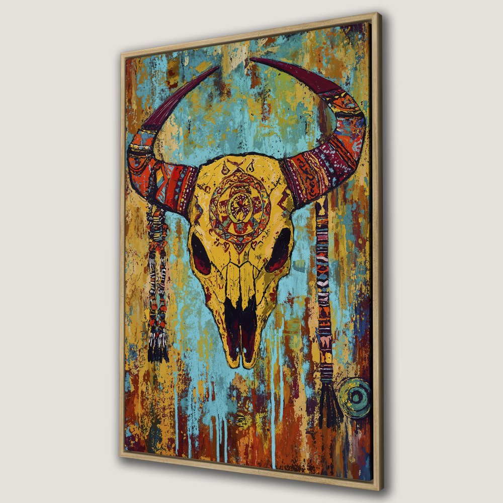 Framed Wall Art: Abstract bull skull painting in a rustic style, featuring a yellow, teal, and orange color palette. Perfect boho decor!