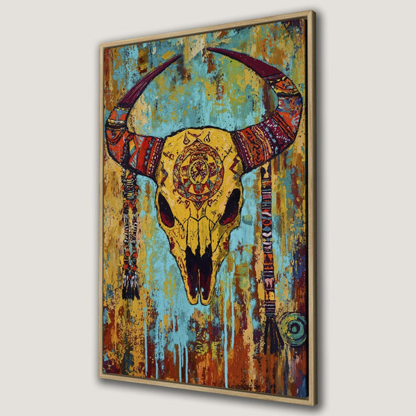 Framed Wall Art: Abstract bull skull painting in a rustic style, featuring a yellow, teal, and orange color palette. Perfect boho decor!