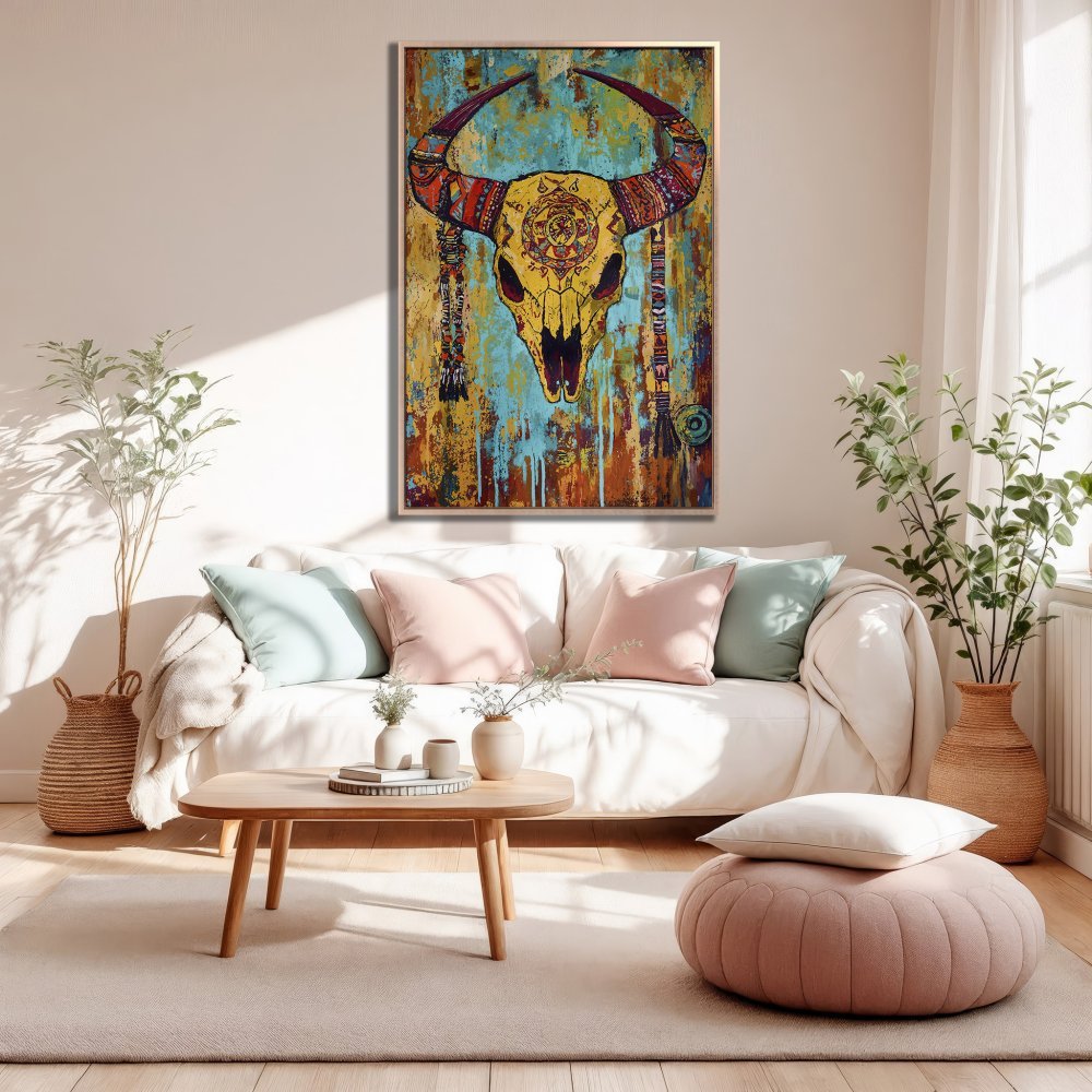 Framed Wall Art: Boho bull skull canvas print in a living room. Featuring a vibrant turquoise, yellow, and rust color palette. Elevate your space with unique art!