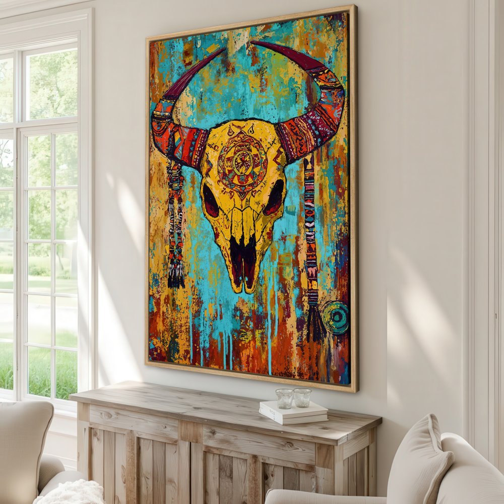 Framed Wall Art: Vibrant bull skull canvas print in boho style. Features a colorful palette of turquoise, yellow, and orange, perfect for adding character to your home.