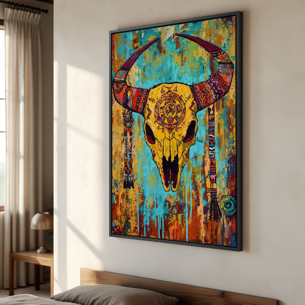 Framed Wall Art: Vibrant bull skull painting in boho style. Features a yellow, teal, and orange color palette, perfect for adding character to any space.