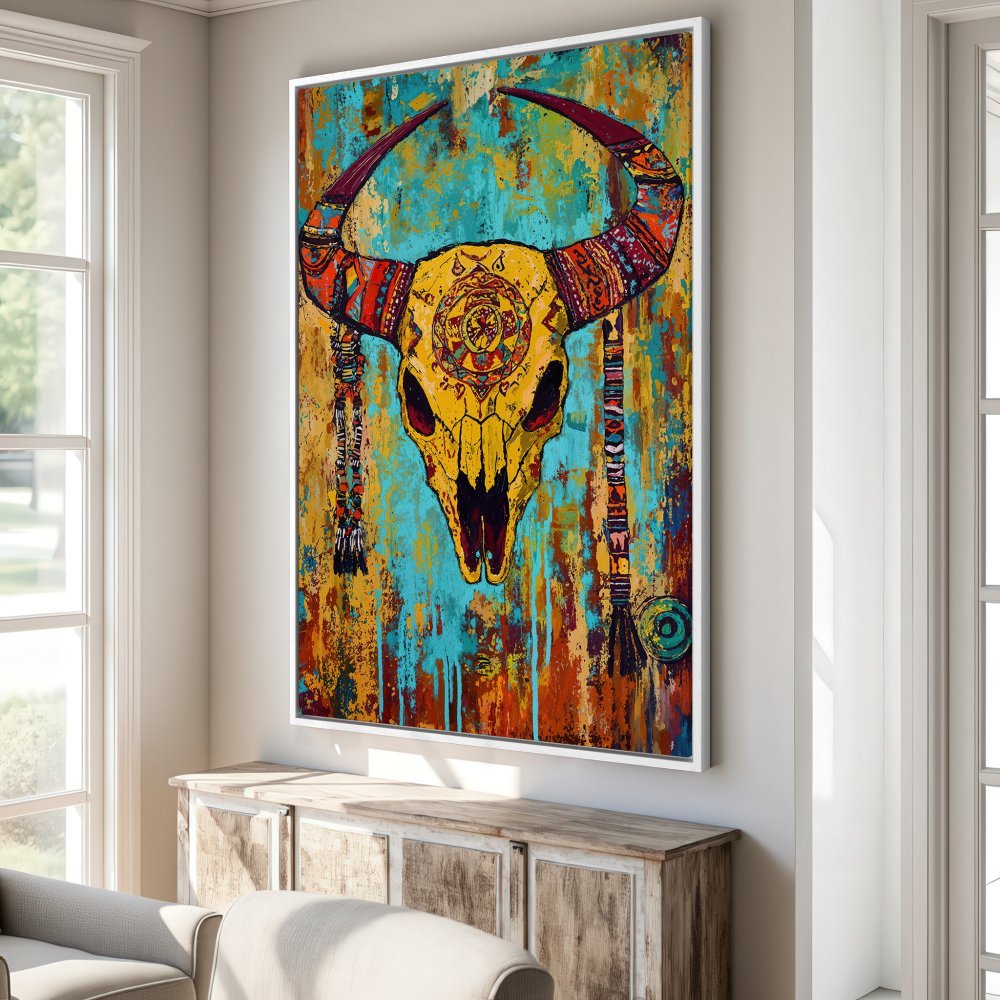 Framed Wall Art featuring a vibrant bull skull painting with a turquoise, yellow, and orange color palette. Add a touch of bohemian style to your home!