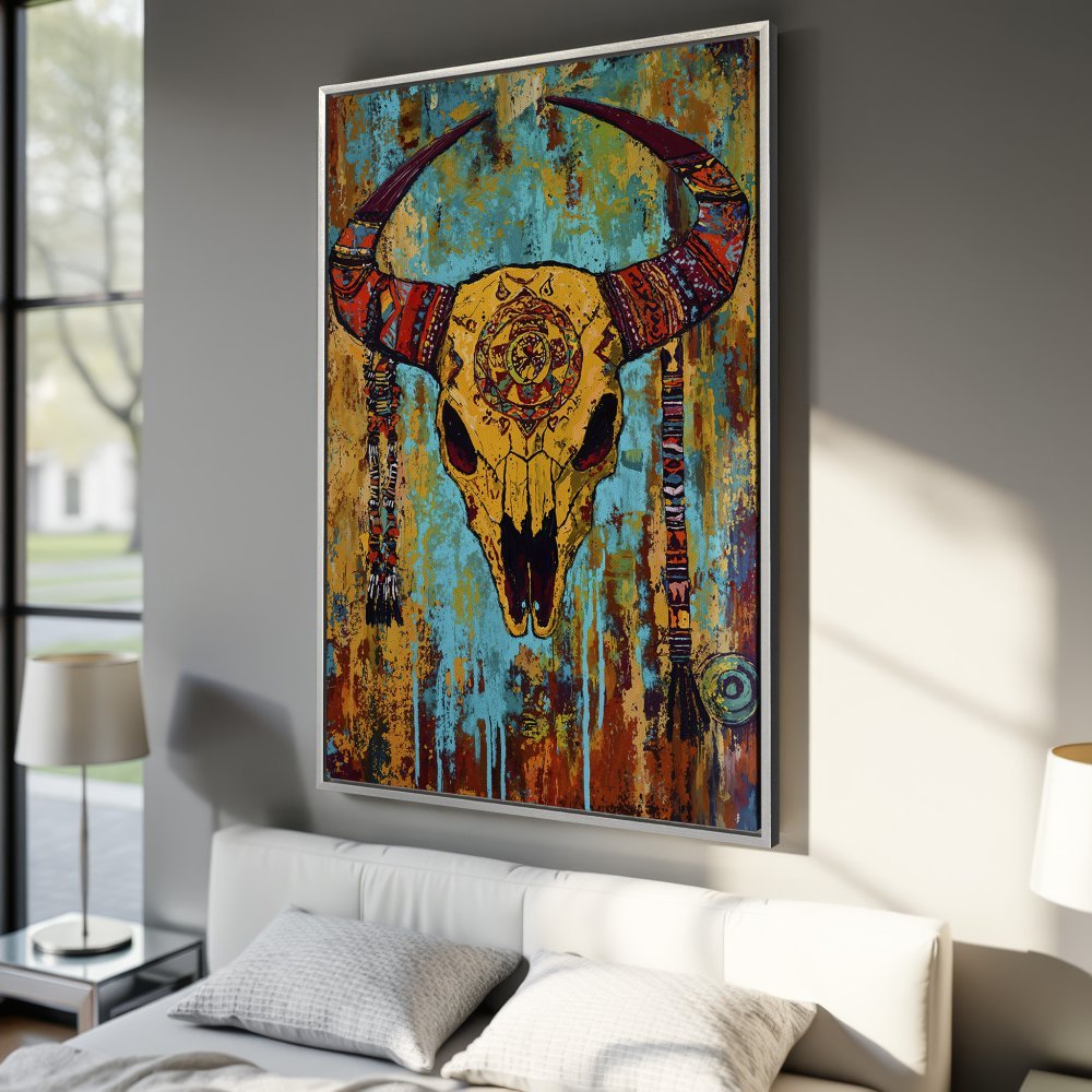 Framed Wall Art: Boho bull skull canvas print in warm gold, turquoise, and rust tones. Add a touch of rustic charm to your home!