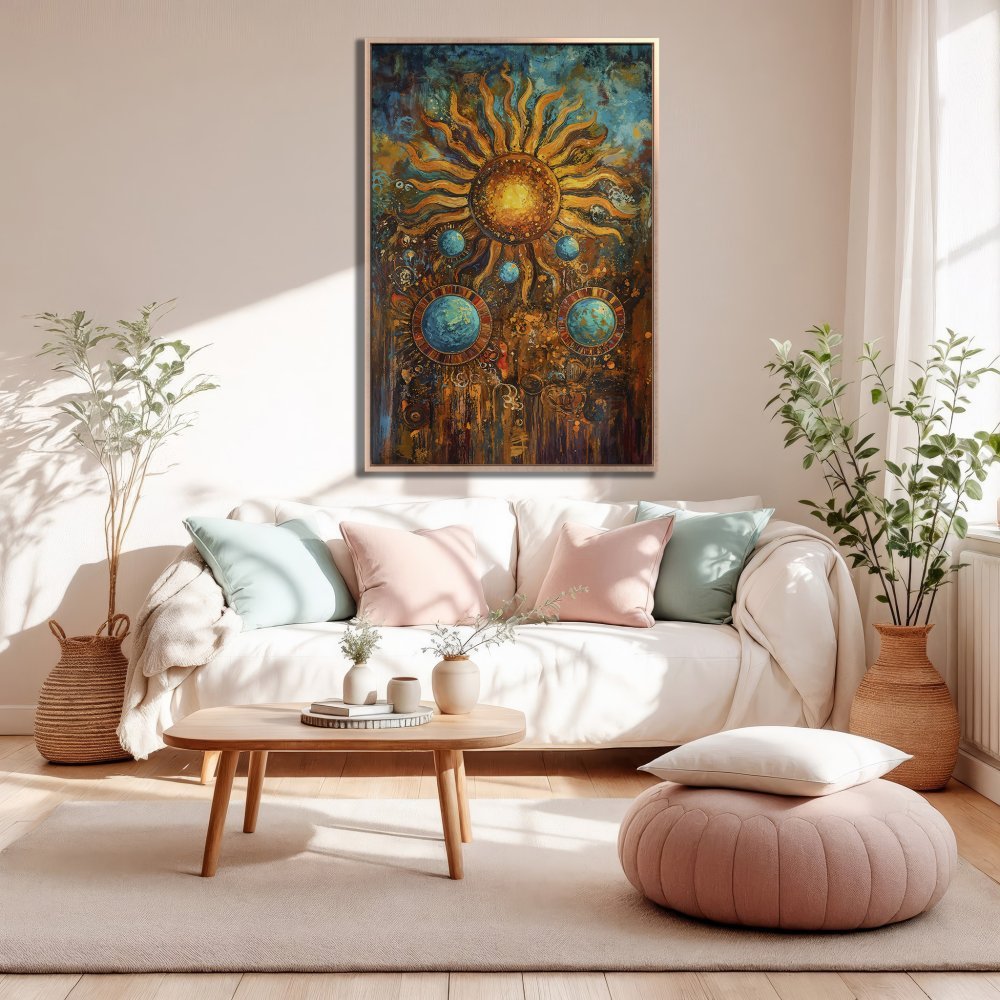 Framed Wall Art: Celestial sunburst art print in warm gold, blue, and brown tones. Enhance your living room with this unique canvas print.