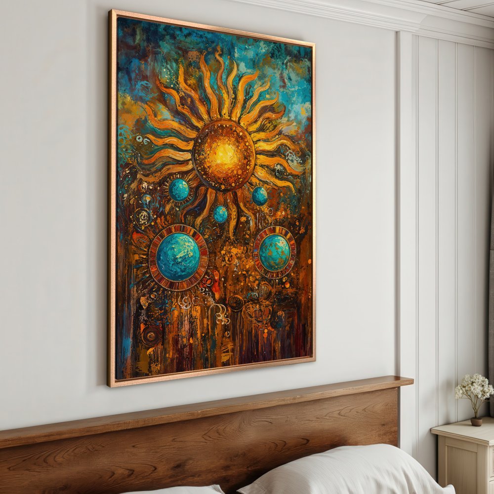Framed Wall Art: Abstract sunburst canvas print in vibrant orange, blue, and gold tones. Perfect for adding bohemian flair to your home decor.
