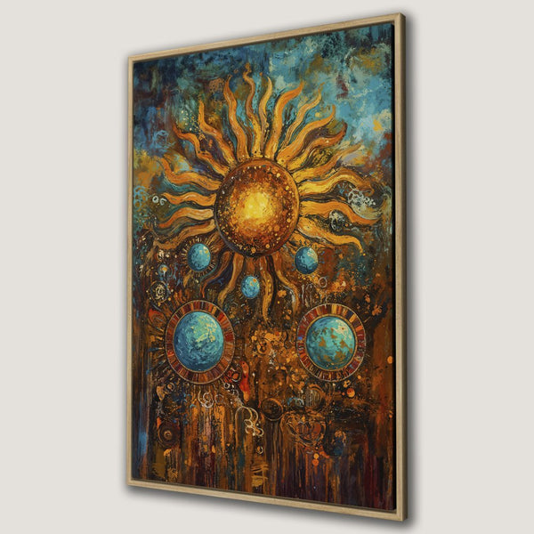 Framed Wall Art: Abstract sun and planets canvas print with warm orange, blue, and brown tones. Perfect for adding artistic flair to your home decor.