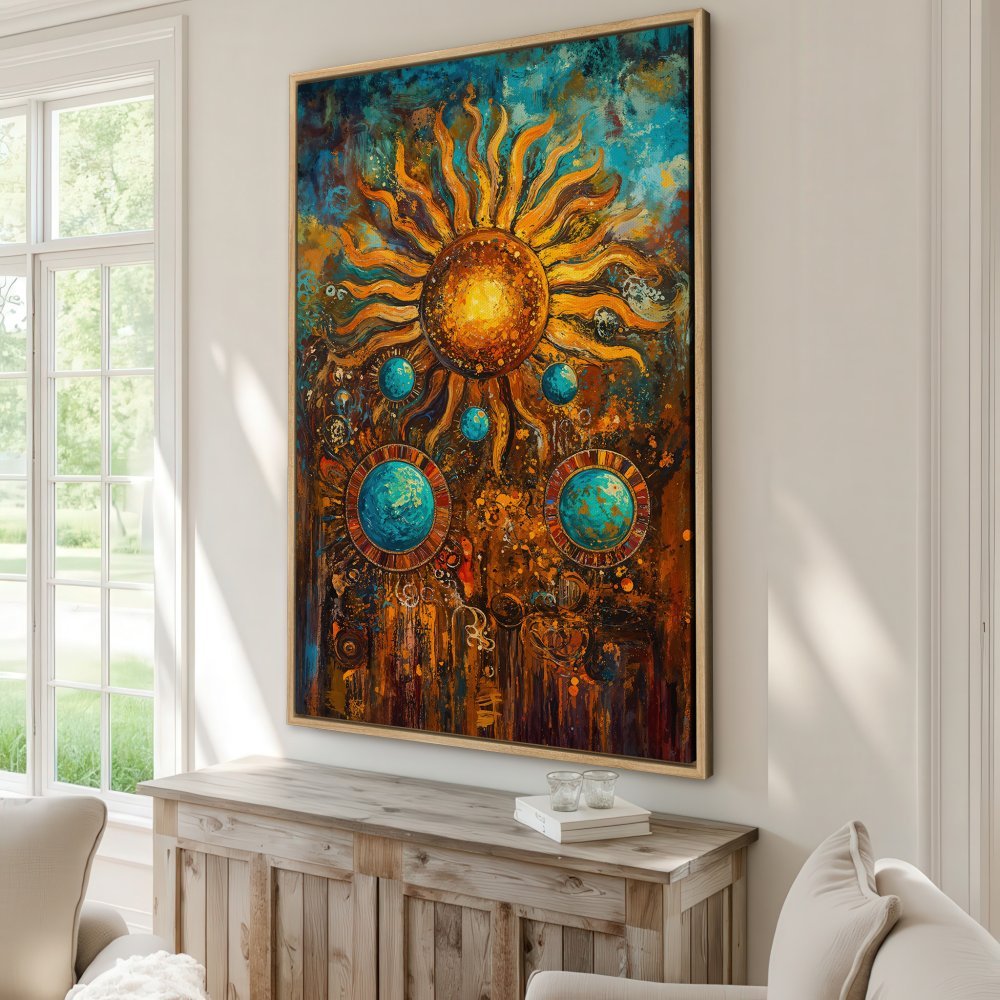 Framed Wall Art: Abstract sun painting in warm orange, blue, and brown tones. Add a touch of boho style to your space with this vibrant canvas print!